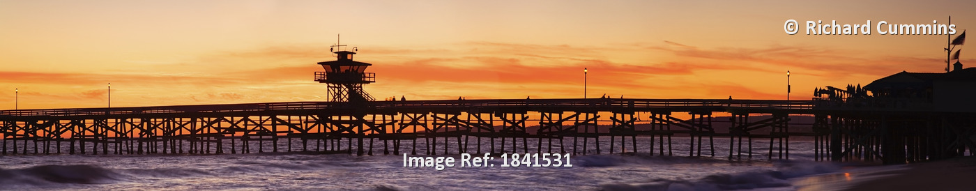 San Clemente Municipal Pier In Sunset, Panorama; San Clemente City, Orange ...