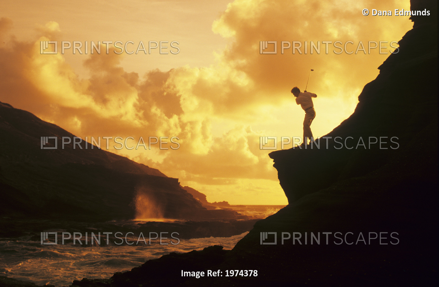 Hawaii, Golfer Standing On A Cliff And Swinging A Golf Club.