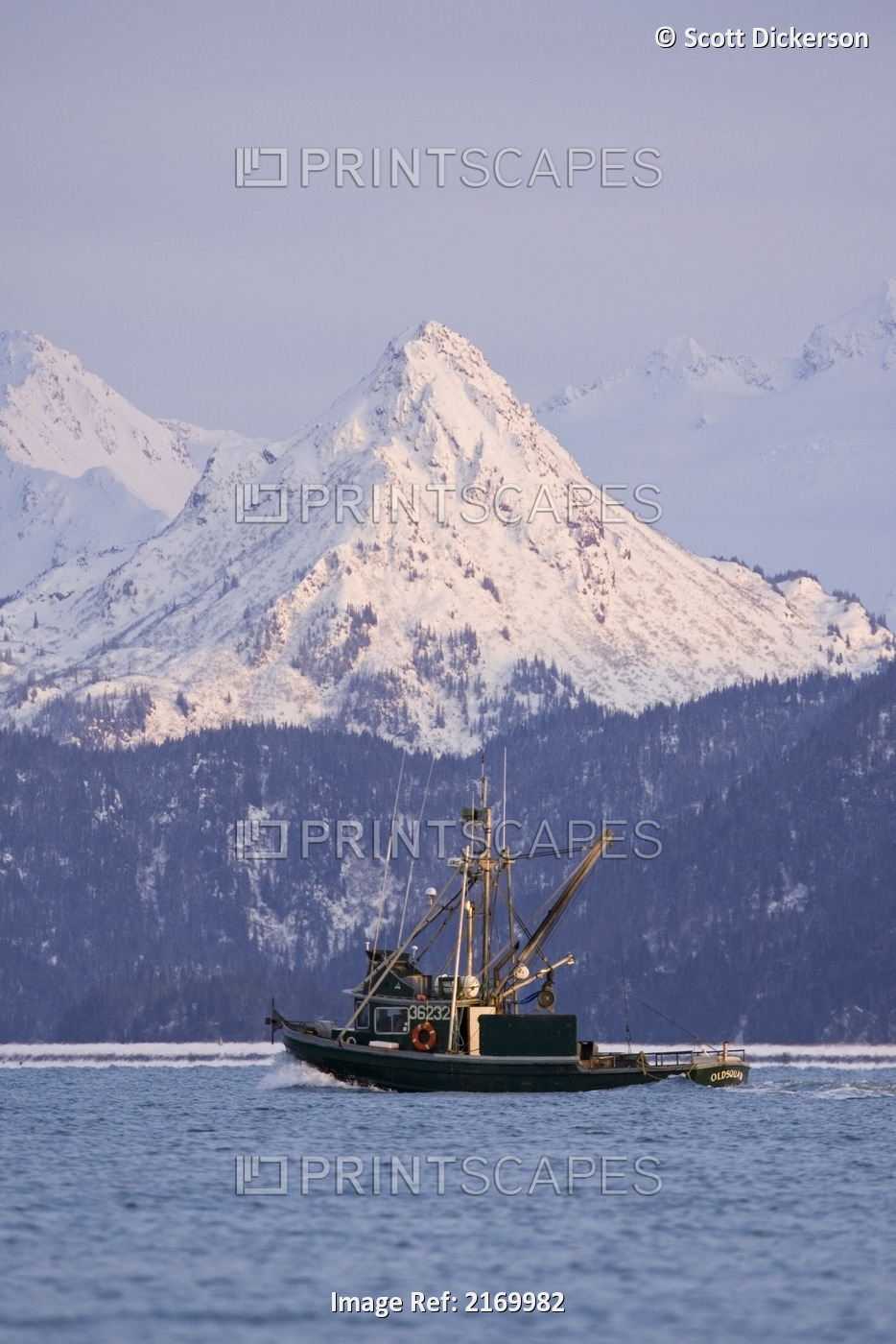 Commercial Fishing Boat In Kachemak Bay W/Snow Covered Kenai Mtns Poots Peak ...