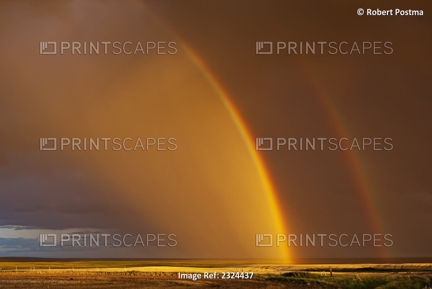 Double Rainbow Over A Prairie Field After A Storm; Val Marie, Saskatchewan, ...