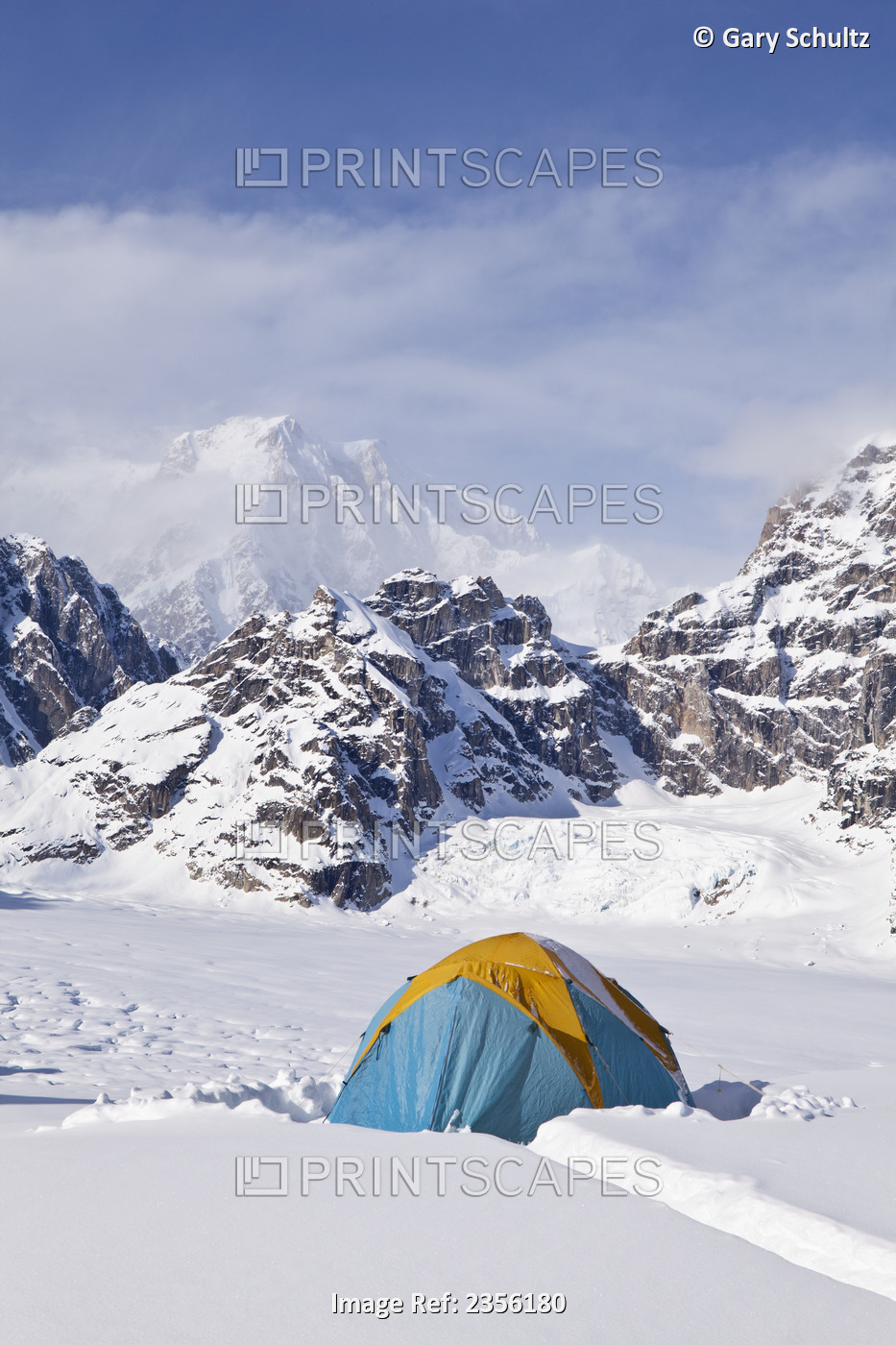 Mountain Tent On Ridge In Winter, Mt. Mckinley In Background, Part Of Mt. Dan ...