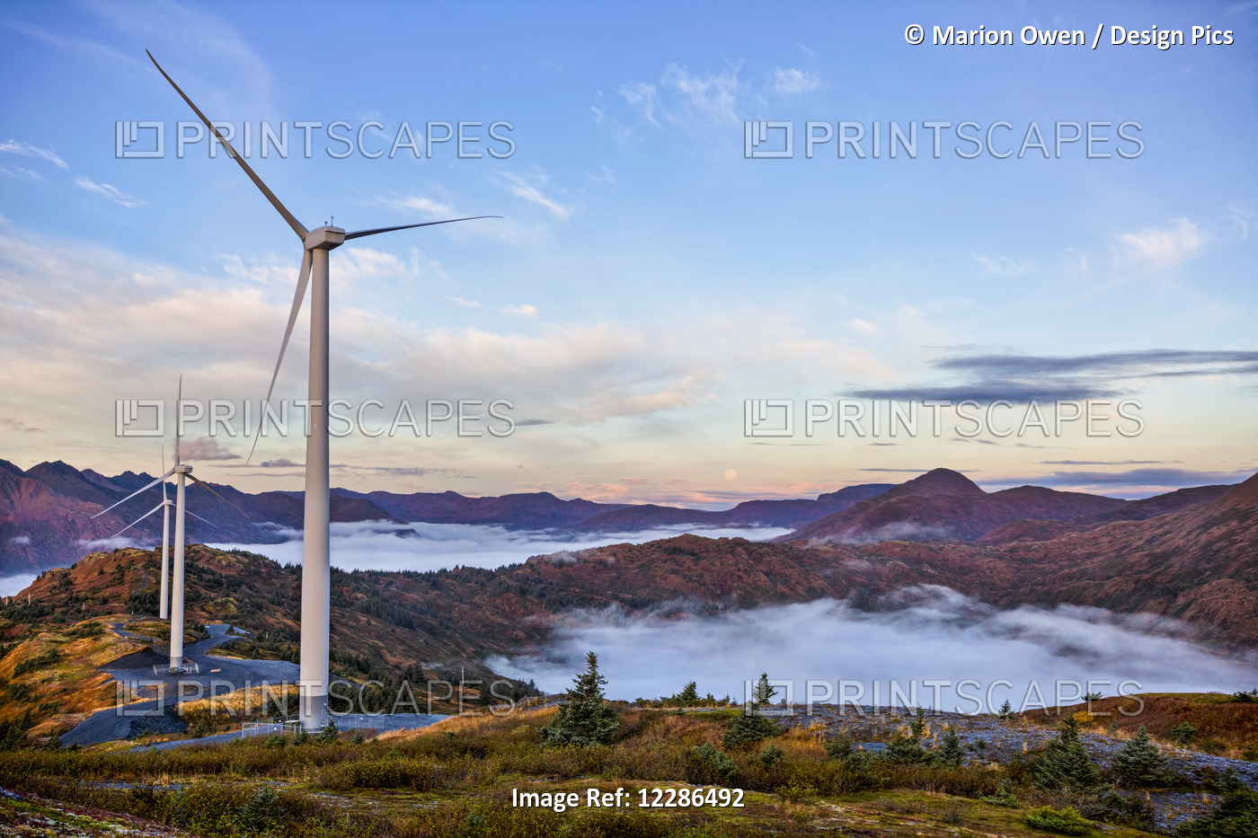 Wind Turbines With Low Fog Patches On Pillar Mountain, Kodiak, Alaska, Fall