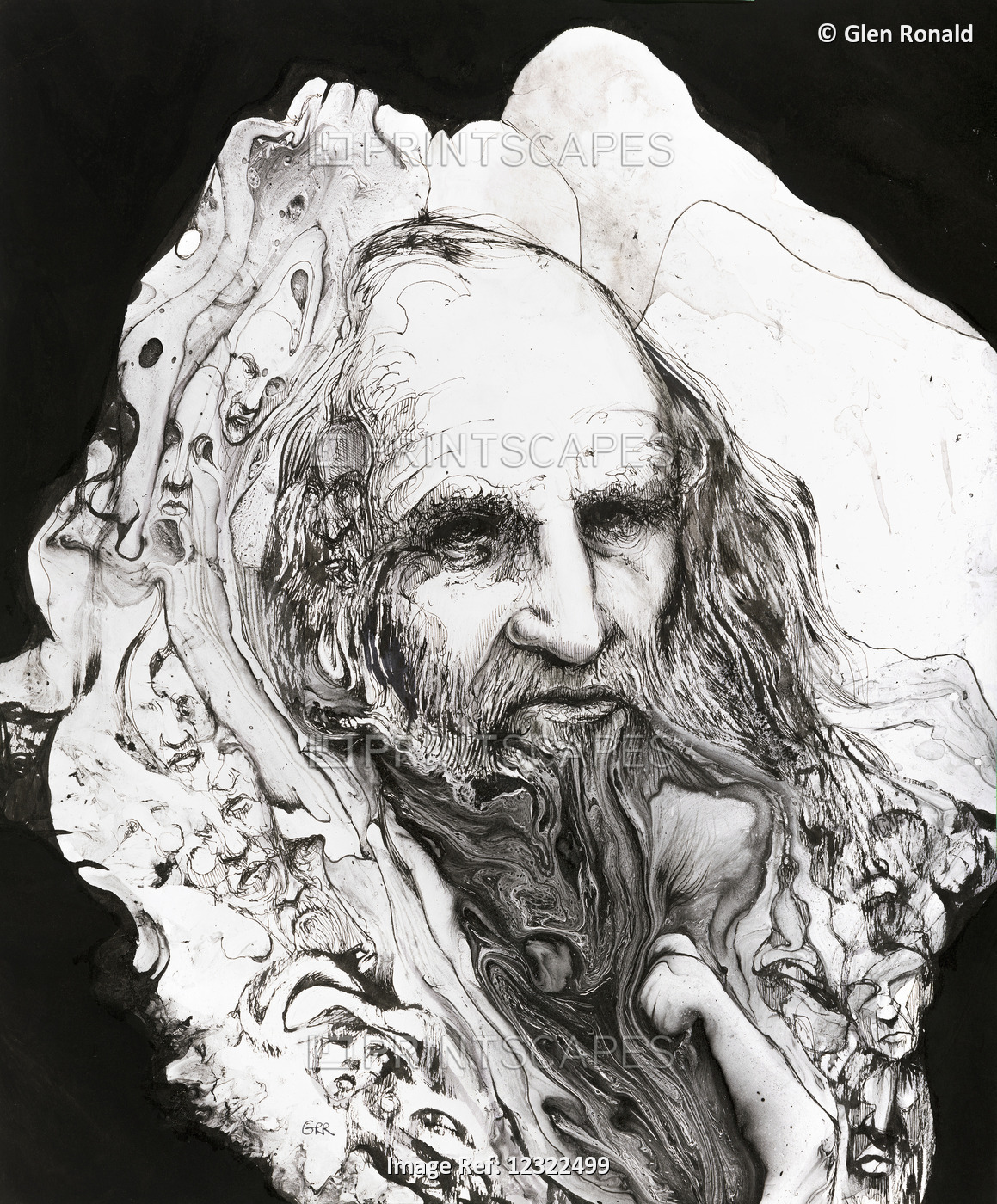 Portrait of Leonardo de Vinci, Black and White Artwork