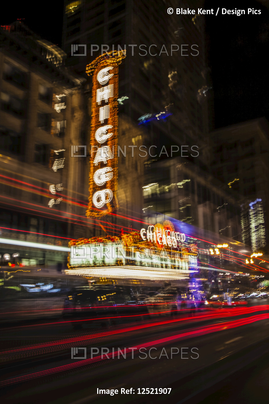 Long exposure of Chicago theatre and street scene at night; Chicago, Illinois, ...