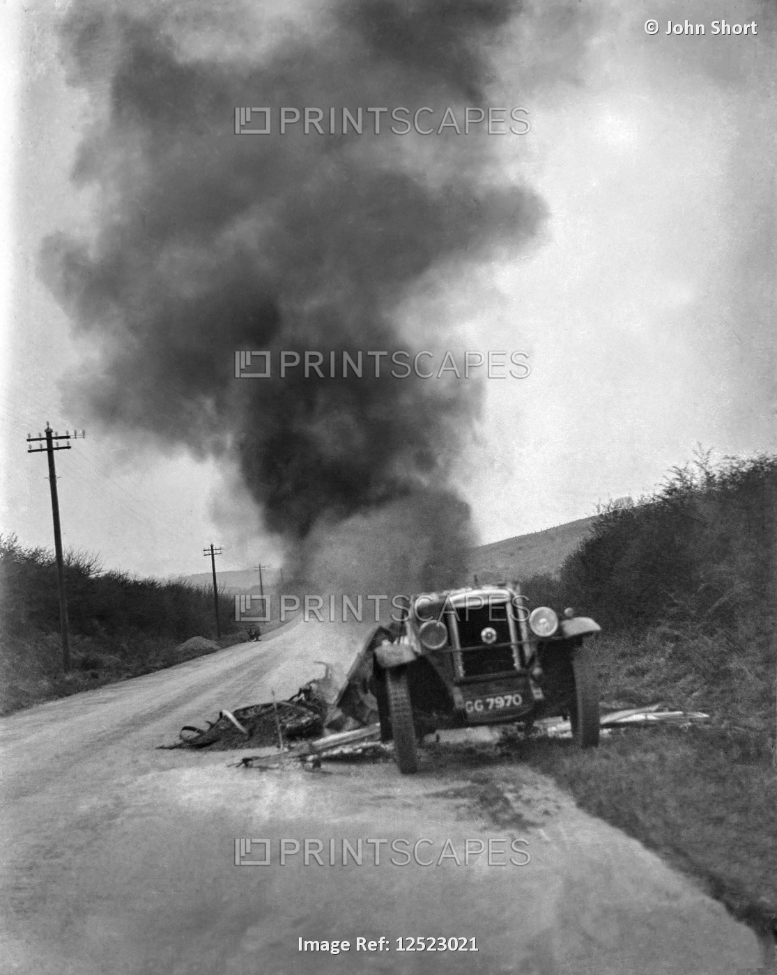 Glass Negative circa 1900.Victorian.Social History. car fire on country road